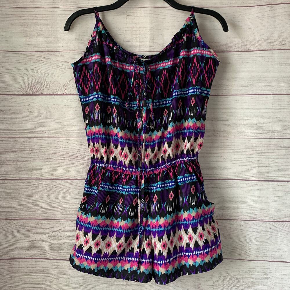 Ardene Geometric Aztec Print Romper Tie String Neck Pockets Size S